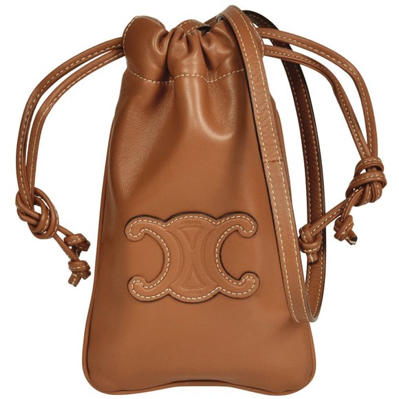 Celine Cuir Triomphe Drawstring Mobile Pouch Shoulder Bag Lambskin Brown Women's - Picture 1 of 9
